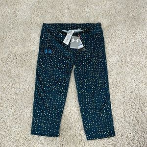Under Armour Girls Active tights. Teal w/ green and blue splash print. Size YXL.